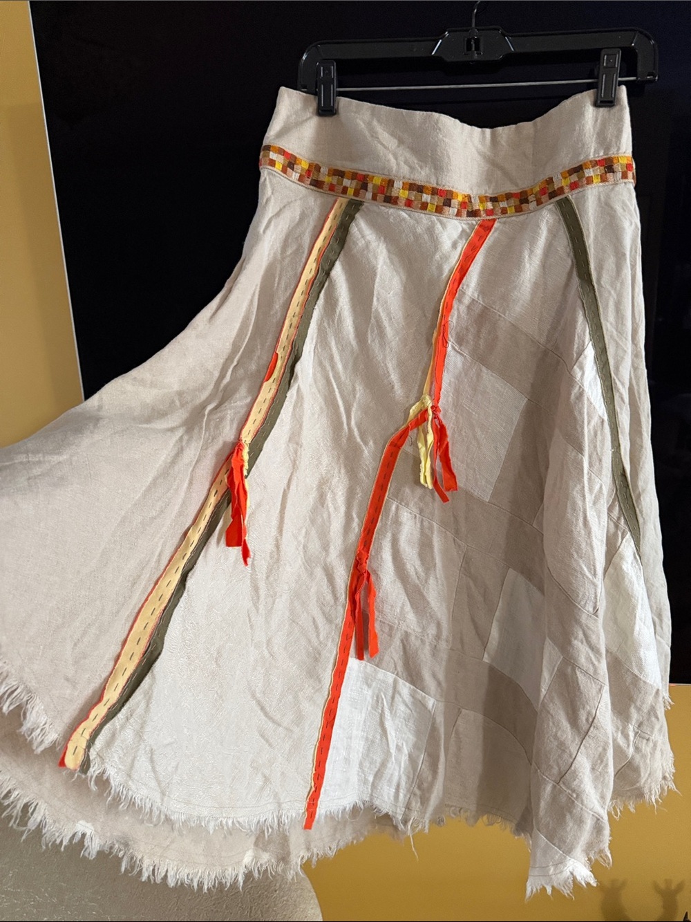 Free People Cream A-Line midi Linen Skirt  Colorful Ribbon Trim size 4